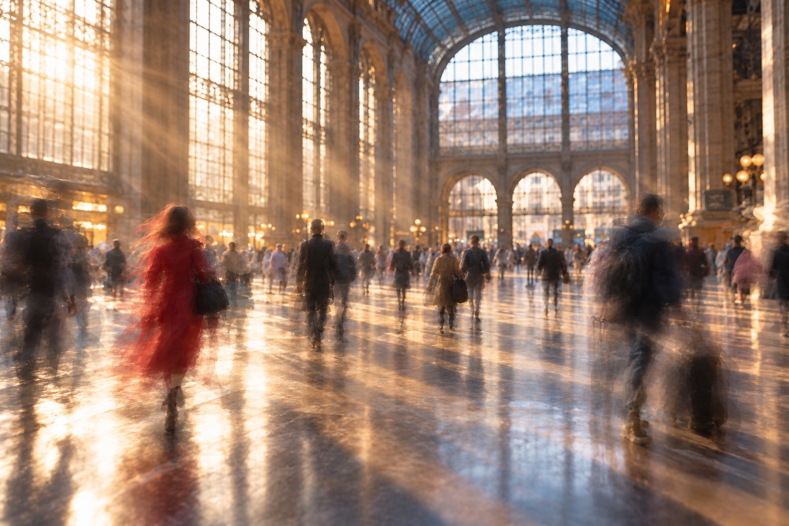 A busy station concourse in morning light, with blurred people walking through.